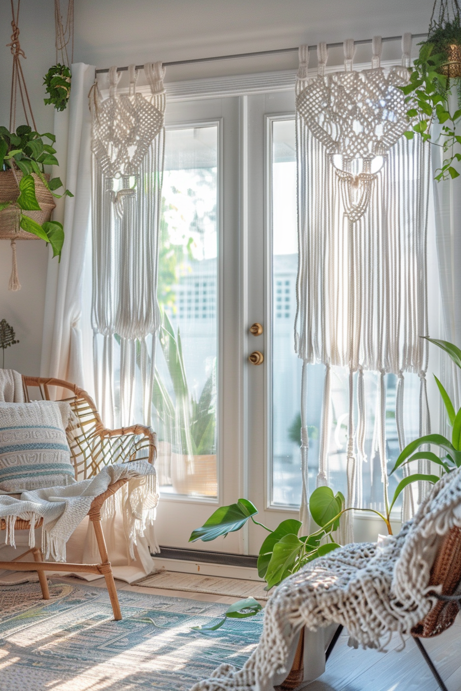 Cozy sunlit room with macrame curtains, potted plants, rattan chair, and a woven throw blanket.