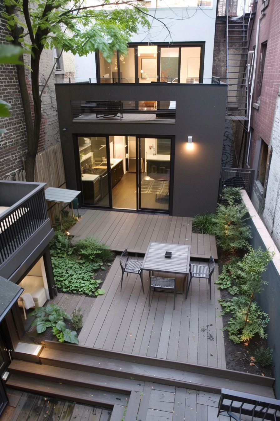 ALT text: Elevated view of a modern backyard with decking and seating, adjacent to a black house with large windows and a balcony.