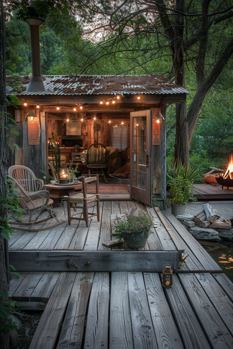 Cozy wooden cabin with string lights and comfortable chairs on a deck, overlooking a tranquil pond with a small outdoor fire.