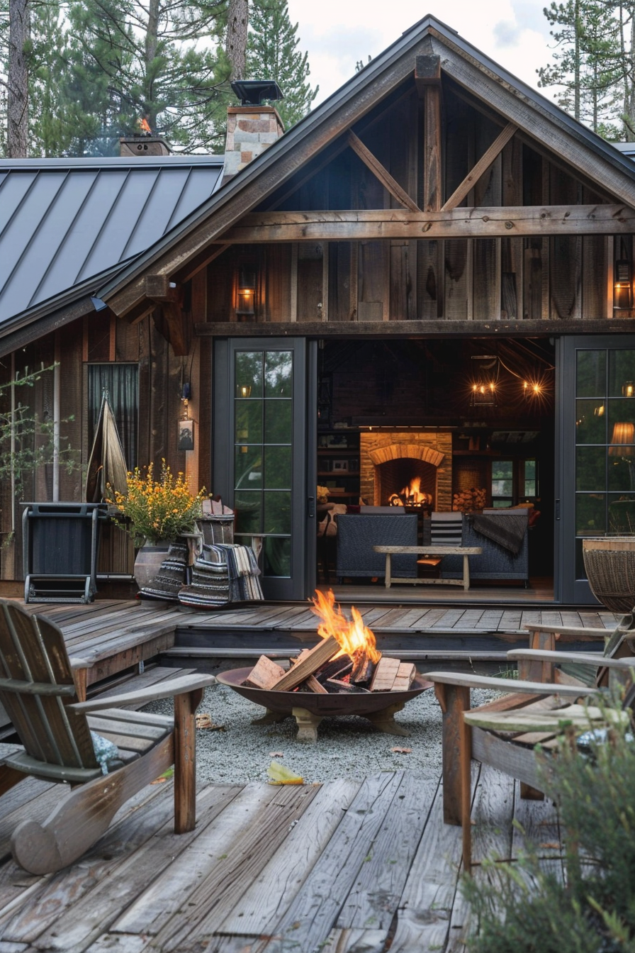 Cozy cabin porch with a lit fire pit, wooden chairs, and a view into the interior showing a fireplace and seating area.
