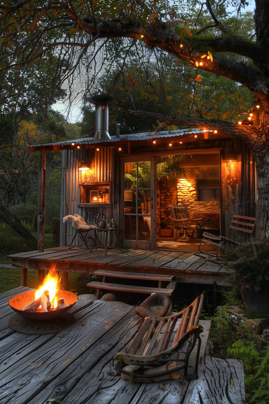 Rustic cabin with warm lighting, festooned with string lights, featuring a small outdoor fire pit and wooden deck furniture at dusk.