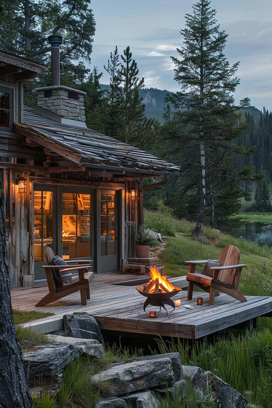 Cozy wooden cabin with porch, Adirondack chairs, and firepit, nestled in a forest by a tranquil lake at dusk.
