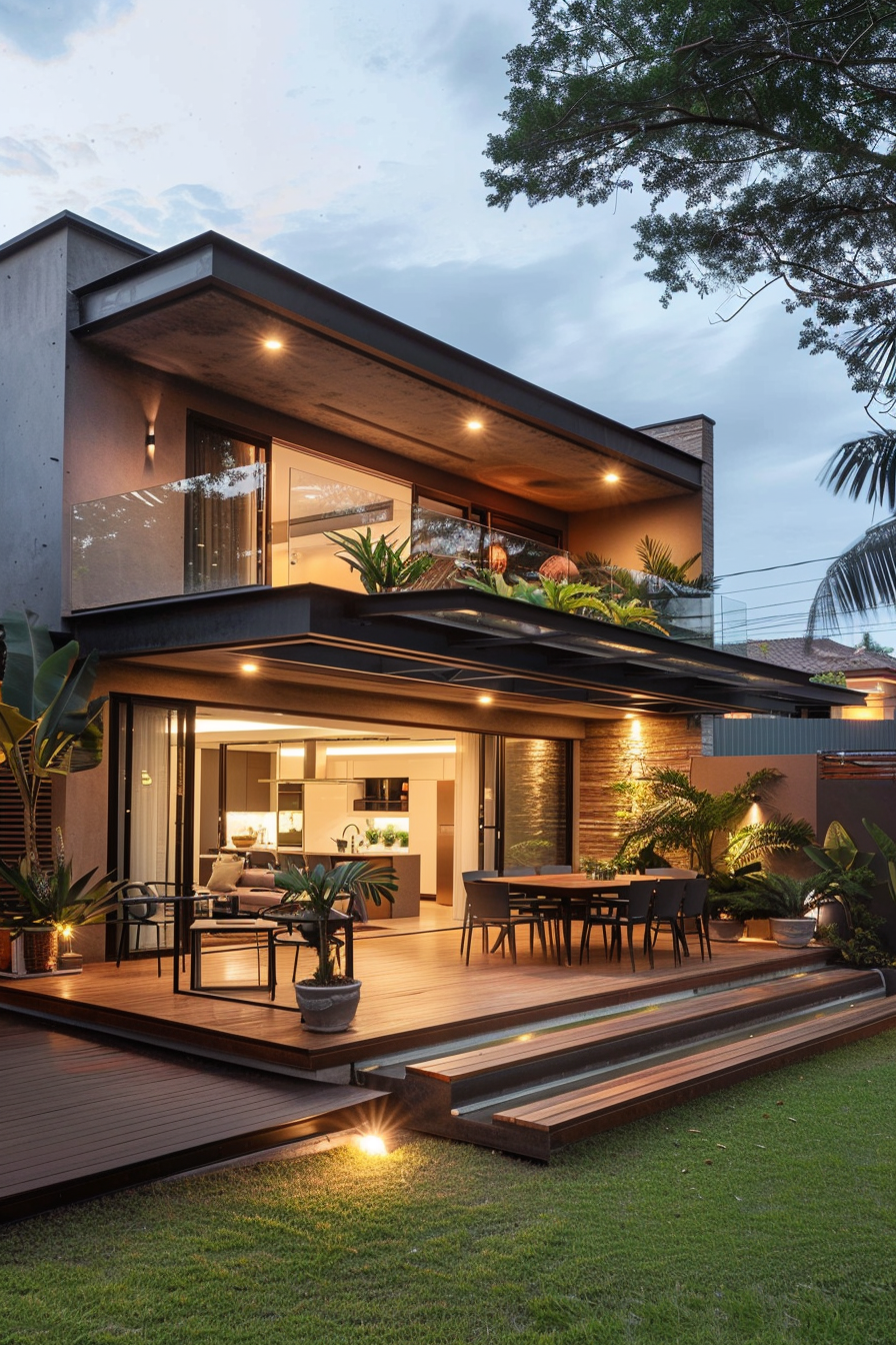 Modern two-story house with illuminated interior, outdoor furniture on wooden patio, landscaped garden, and dusk sky.
