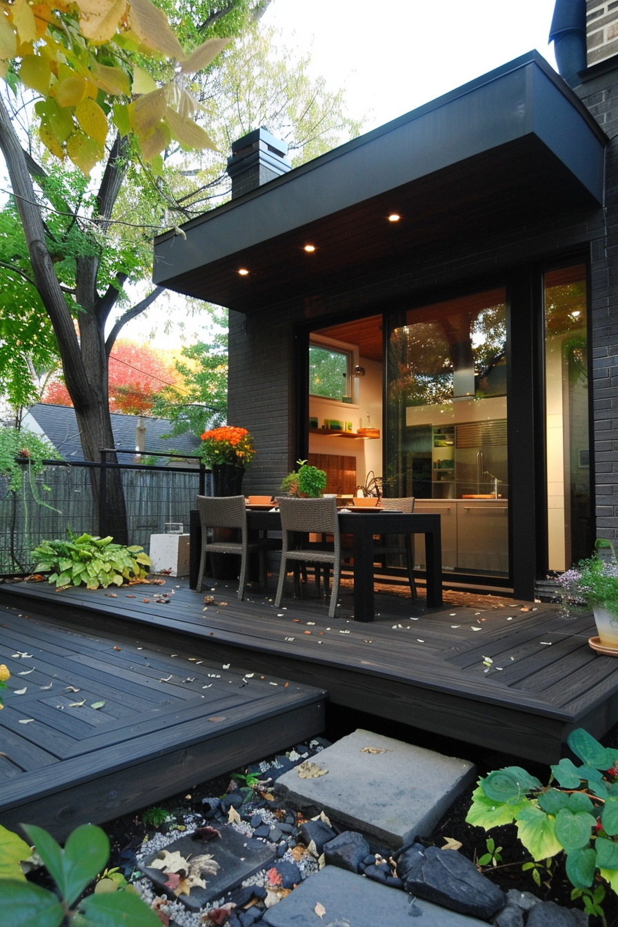 Modern home exterior with a dark wooden deck, outdoor dining area, and visible interior kitchen, surrounded by autumn foliage.