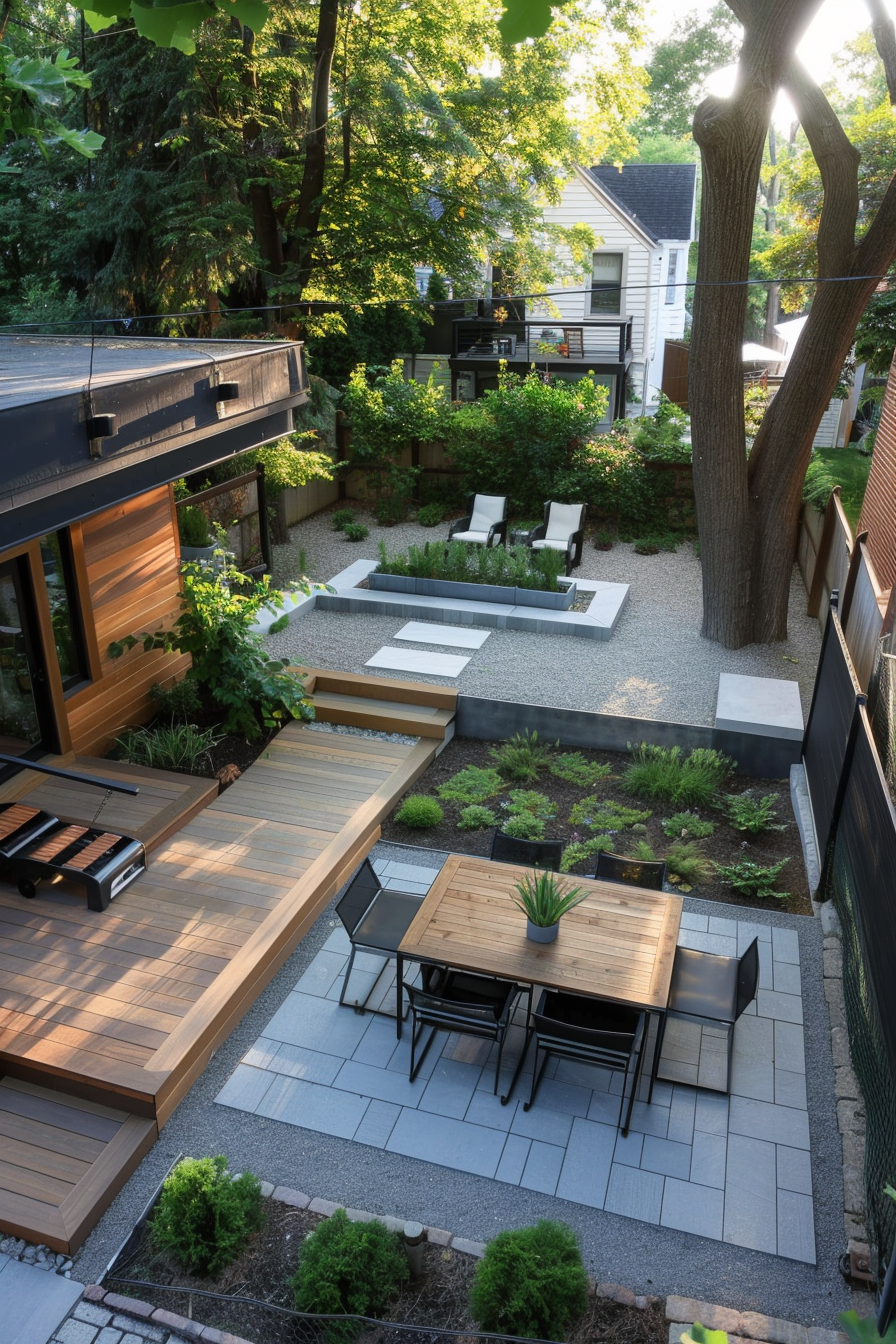 Modern backyard design with wooden deck, dining area, gravel path, and green landscaping, surrounded by trees in a residential area.