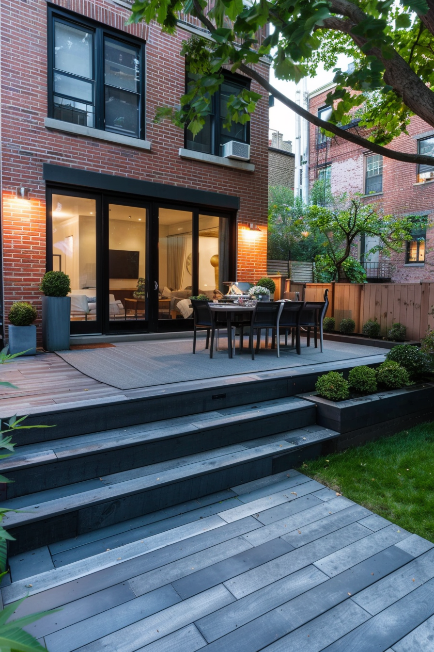 Brick building with large glass doors leading to a cozy backyard patio featuring wooden deck steps, outdoor furniture, and greenery.