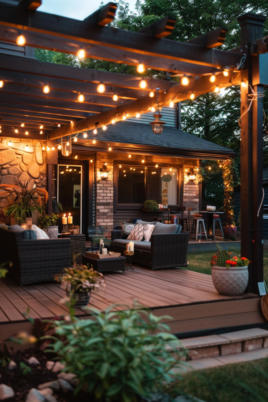 Cozy backyard patio at dusk with string lights, comfortable furniture, and lush greenery.