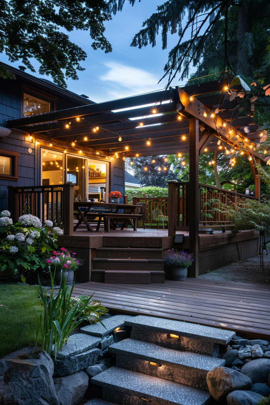 Cozy backyard patio with string lights at dusk, featuring a dining set, lush plants, and stone steps leading to a wooden deck.