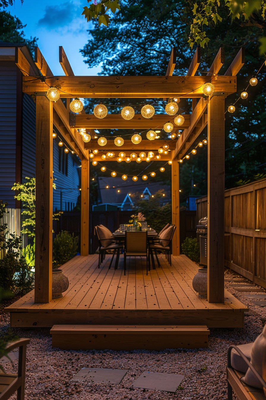 A cozy outdoor wooden deck at twilight, adorned with string lights and a dining set, creating an inviting ambiance.