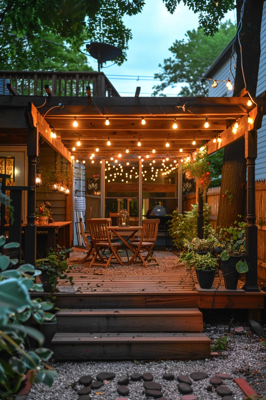 A cozy backyard patio at dusk with string lights, wooden furniture, potted plants, and a wooden deck pathway.