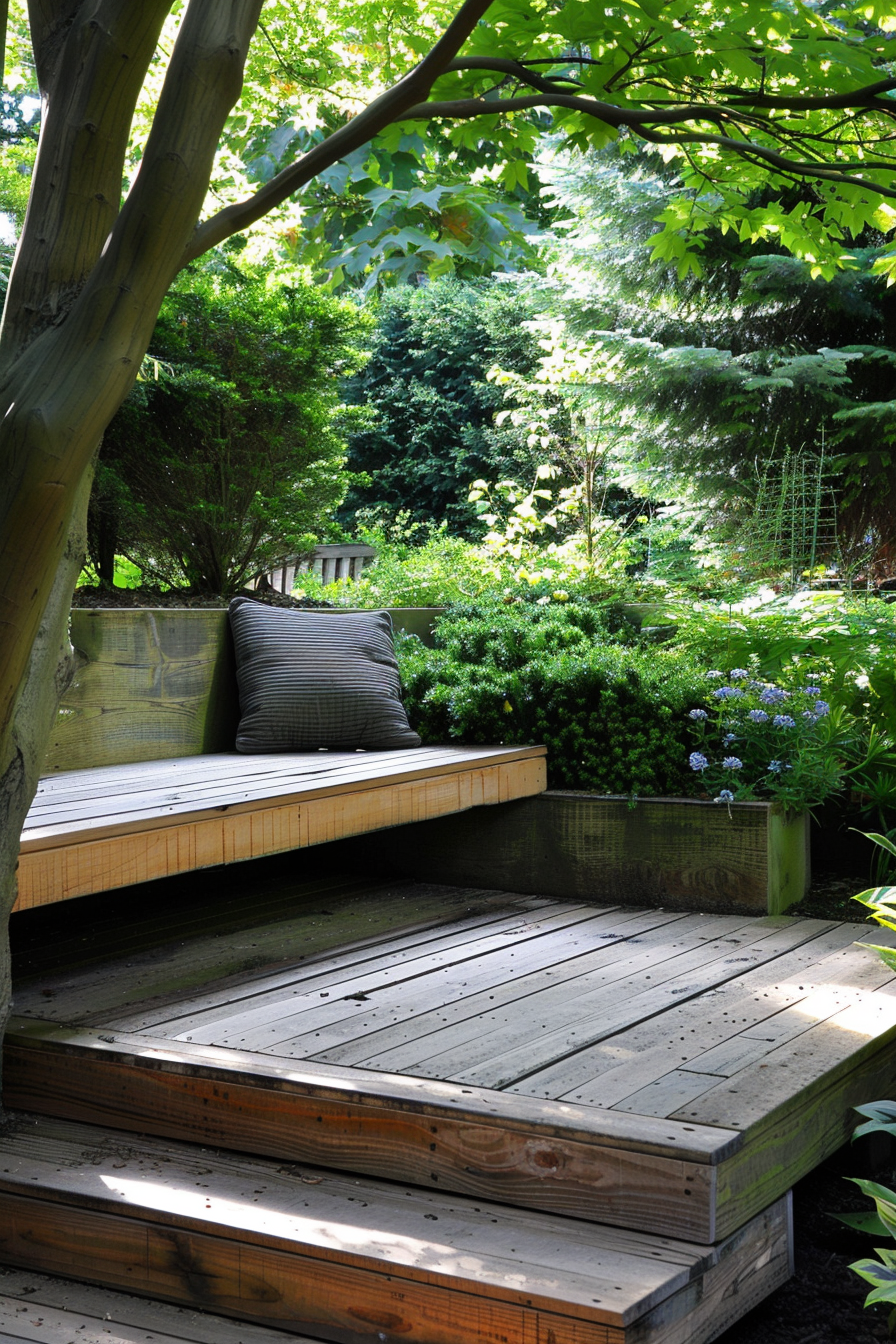 Wooden garden deck with built-in seating cushion surrounded by lush greenery and trees in daylight.
