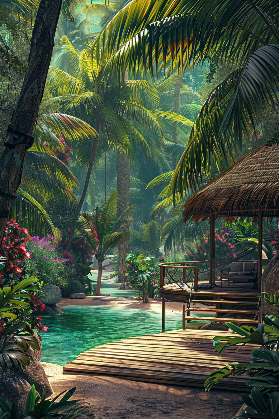 ALT: A serene tropical oasis with lush greenery surrounding a clear blue pool, a thatched-roof hut, and a wooden dock bathed in soft sunlight.