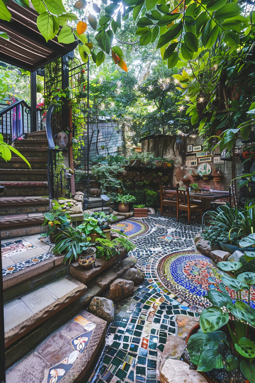 A vibrant garden patio with a mosaic-tiled pathway, lush greenery, steps, and cozy seating areas surrounded by plants and decorative items.