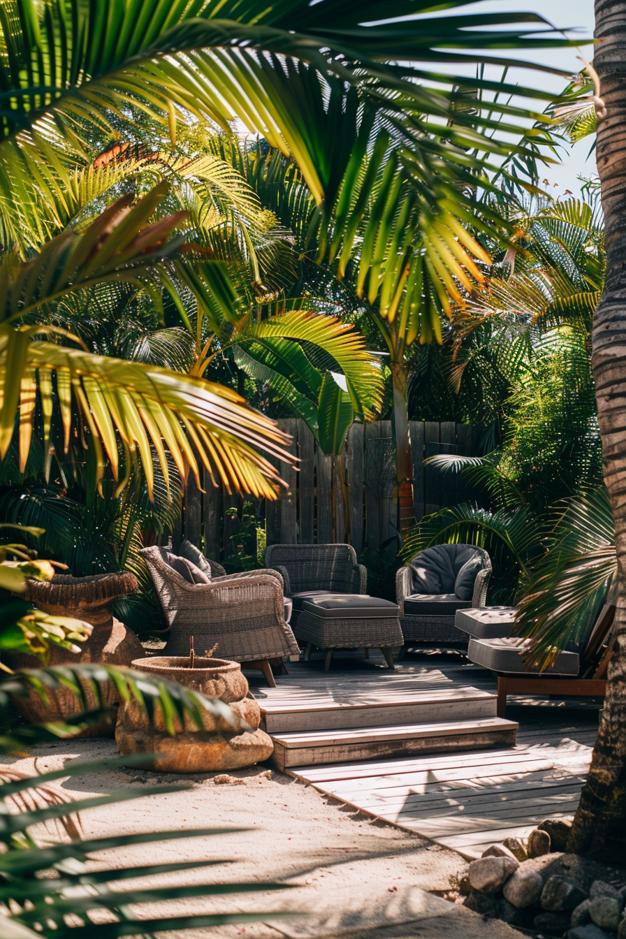 Outdoor patio oasis with wicker furniture nestled among lush green tropical plants and palm fronds, bathed in dappled sunlight.
