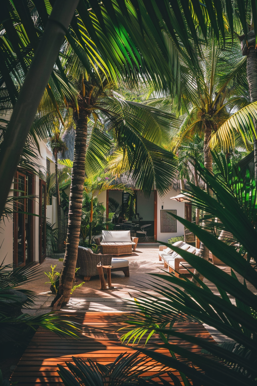Alt text: A tranquil outdoor patio surrounded by lush green palm fronds with comfortable seating areas, basking in soft sunlight.