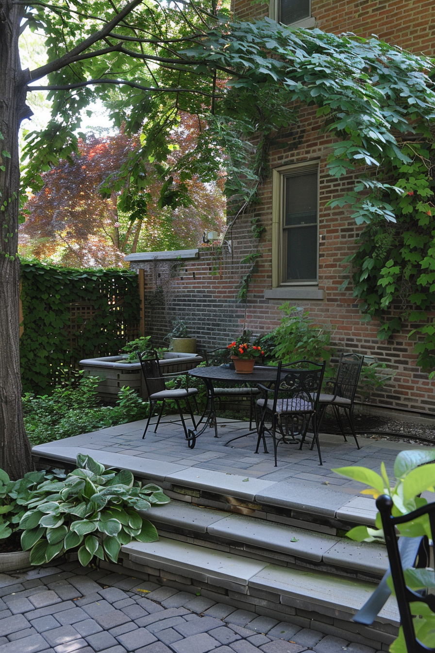 Cozy patio with black wrought iron furniture, surrounded by leafy green plants and a brick building, beneath a canopy of trees.