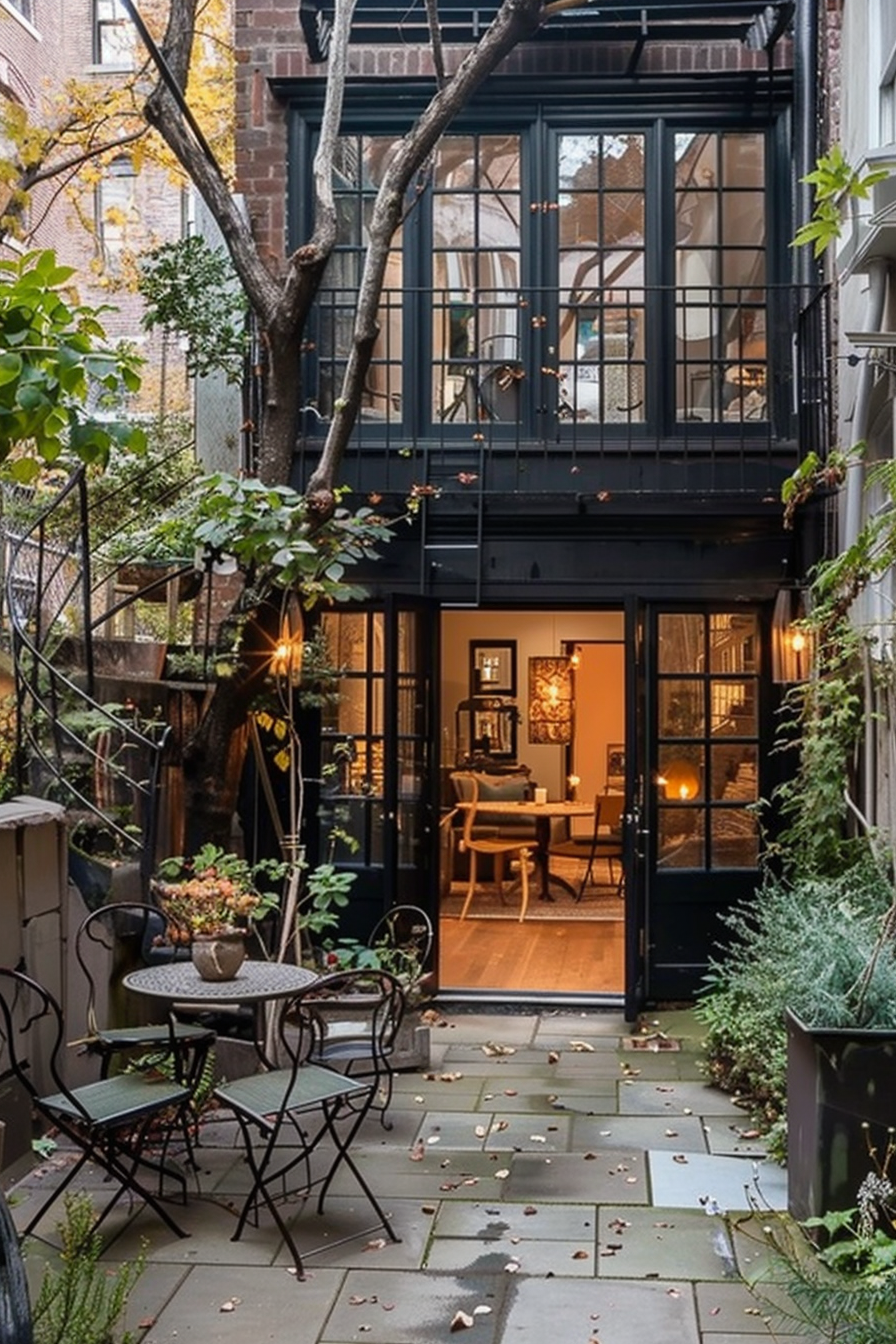 A cozy outdoor patio with wrought iron furniture leads into an inviting interior space through glass doors, surrounded by brick walls and greenery.