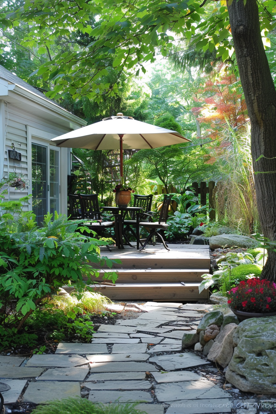 ALT: A cozy backyard patio with a table and chairs under an umbrella, surrounded by lush greenery and a stone pathway leading to it.