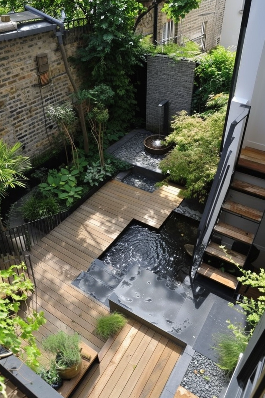 An aerial view of a small, tranquil urban garden with decking, water feature, lush greenery, and a pebble path.