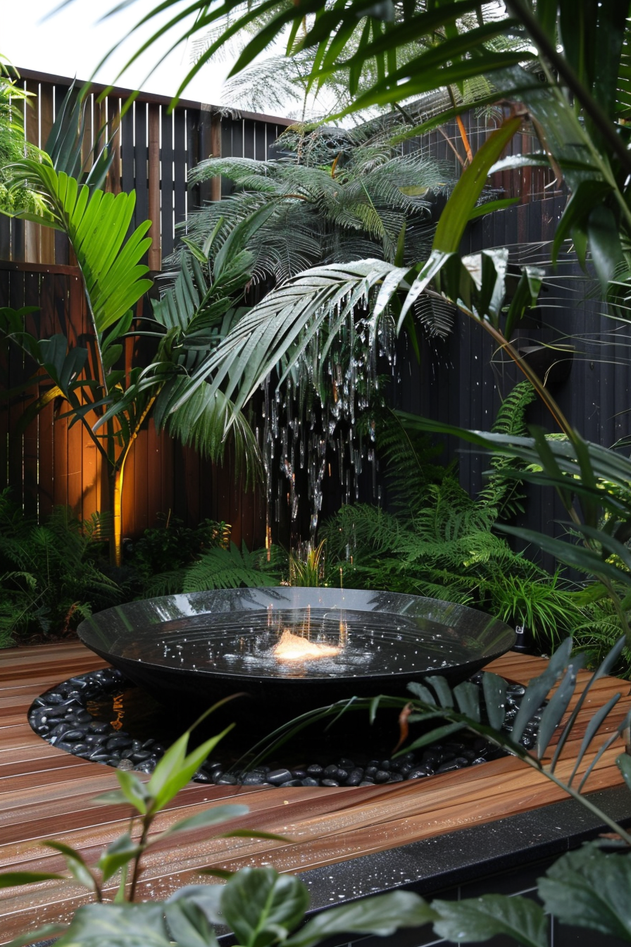 An outdoor fire feature with water elements surrounded by lush greenery and wooden fencing.