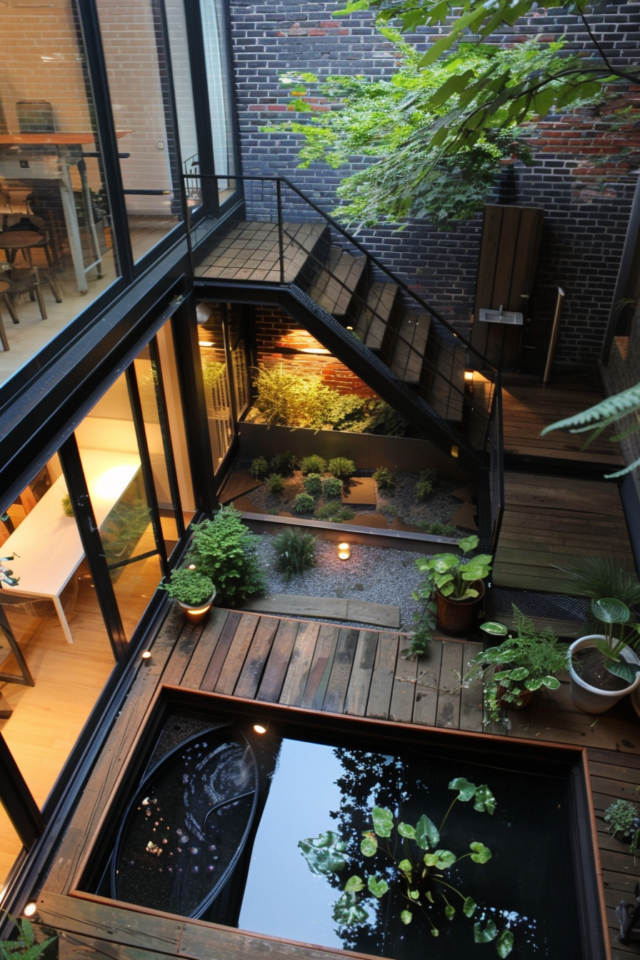 An overhead view of a modern home's outdoor space with a glass railing, plants, wooden deck, and a reflecting pool.