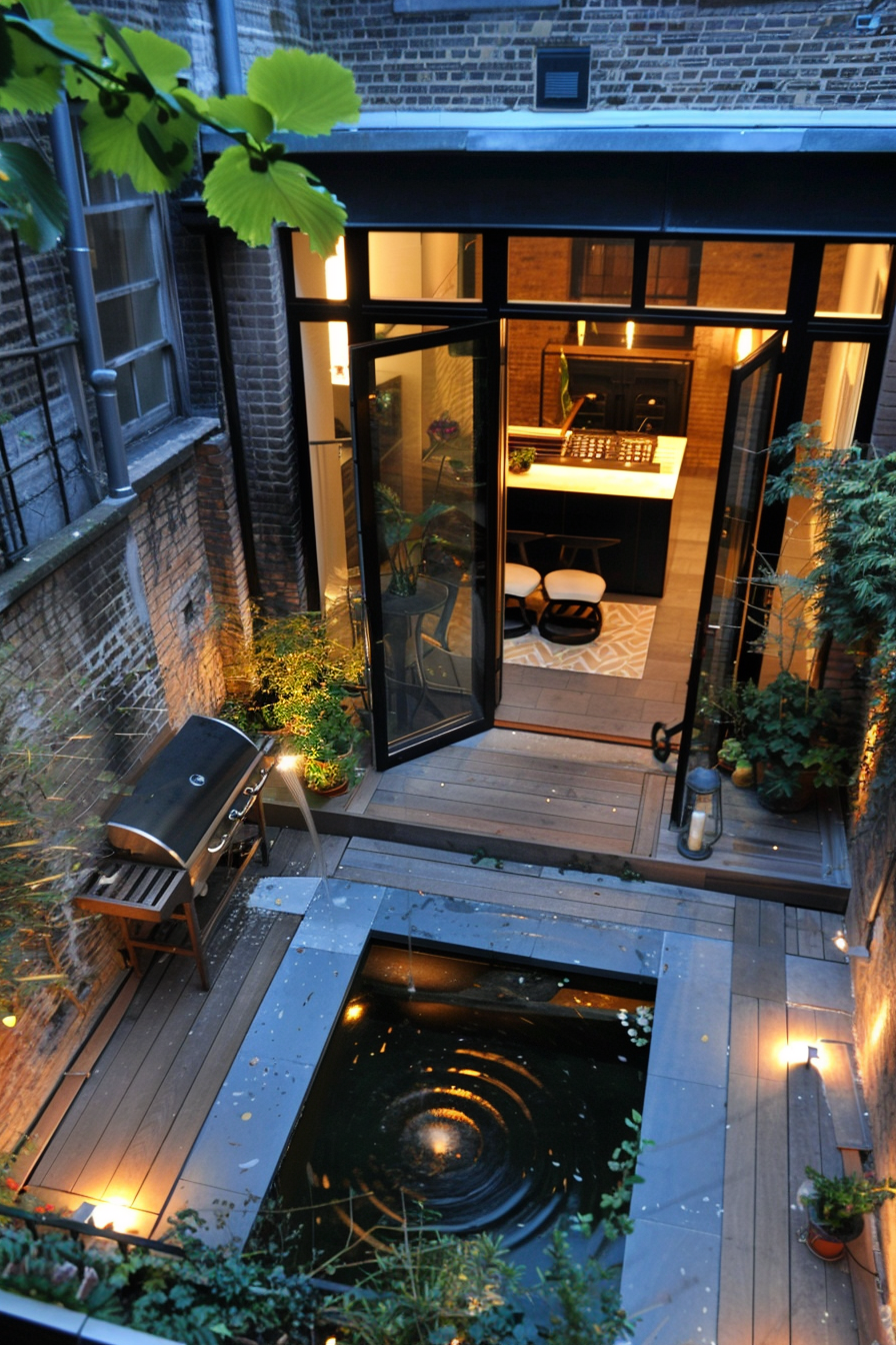 Elevated view of a cozy backyard at dusk with a small pond, decking, plants, barbecue grill, and kitchen interior visible through glass doors.