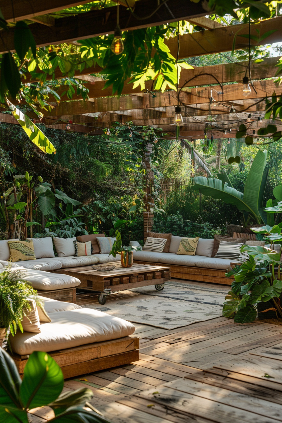 Outdoor patio area with wooden decking, comfy sofas with cushions, surrounded by lush greenery and hanging lights.
