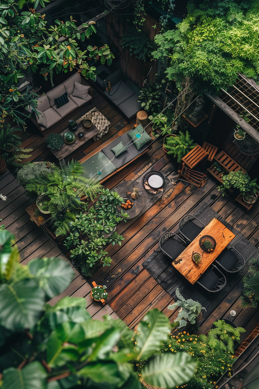 "Overhead view of a cozy outdoor terrace with wooden flooring, lush green plants, a sofa set, dining table, and decorative items."