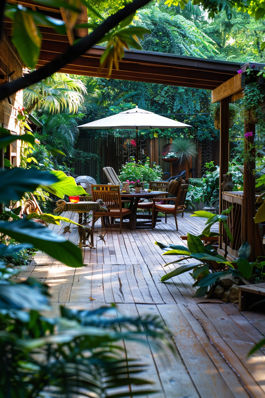 A serene garden patio with a dining table set, umbrella, surrounded by lush greenery and decorative plants.