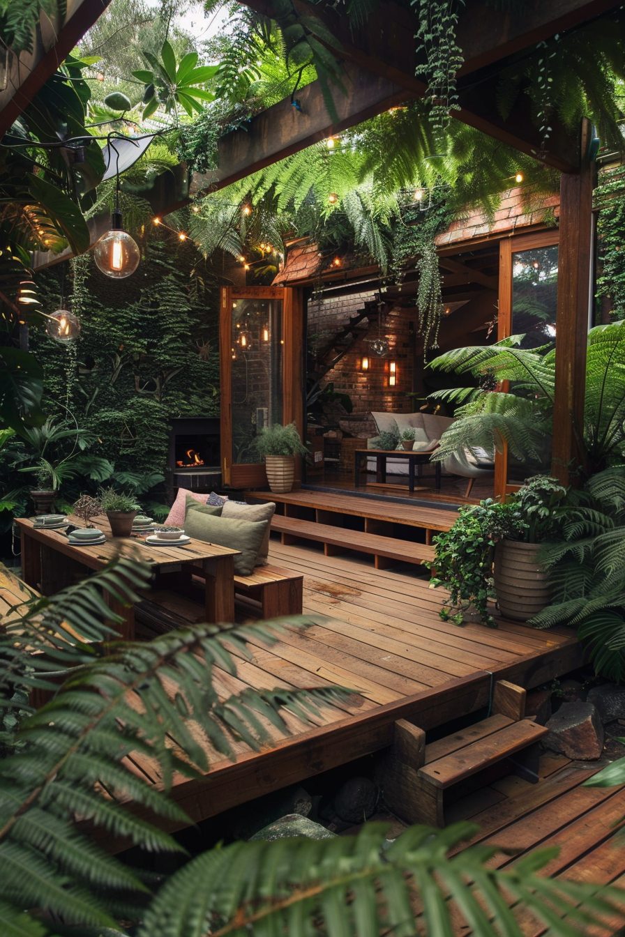 Cozy outdoor wooden seating area with cushions, surrounded by lush greenery, hanging lights, and a fireplace.