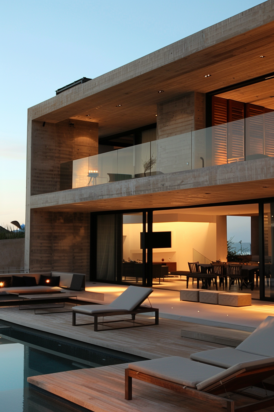 Modern luxury house with poolside loungers at twilight, featuring wood and concrete design elements.