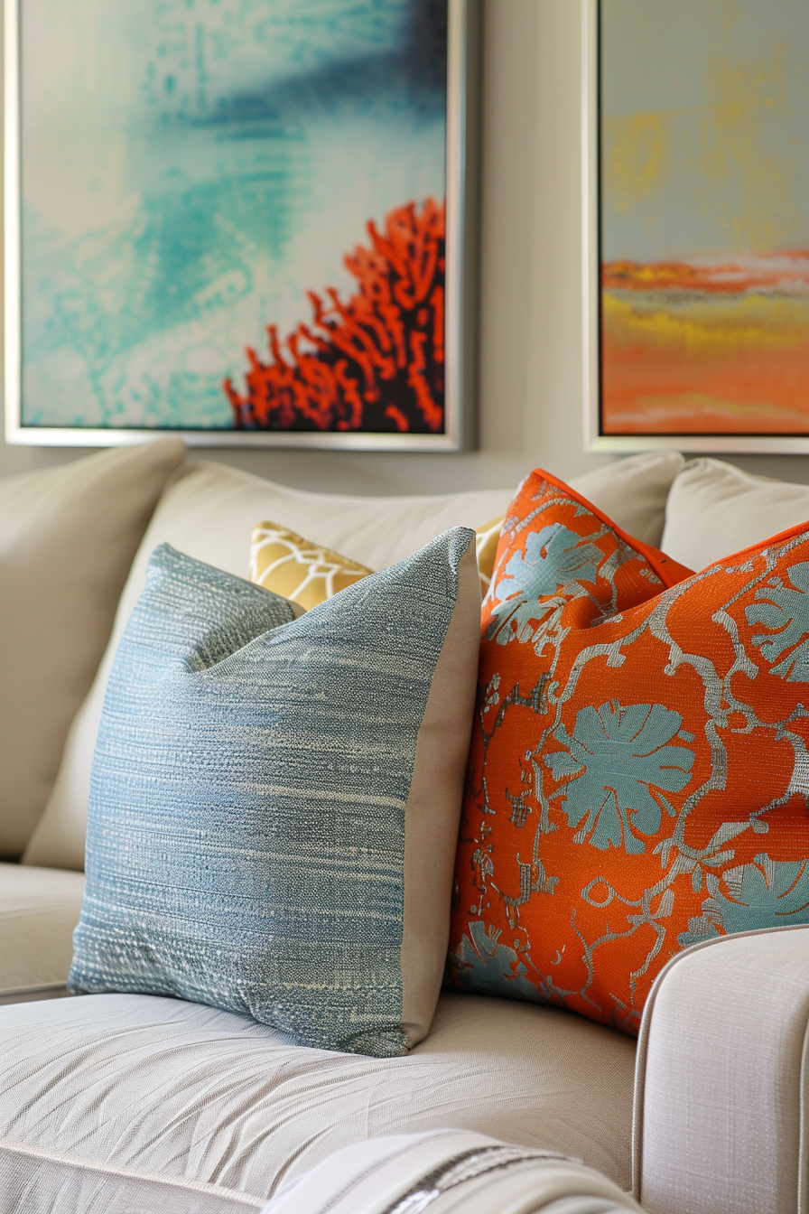 A cozy home interior with a beige sofa adorned with decorative blue and orange patterned pillows, and colorful abstract art on the wall.