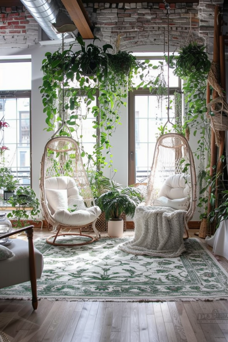 Two hanging wicker chairs with white cushions in a cozy indoor space with green plants and natural light.