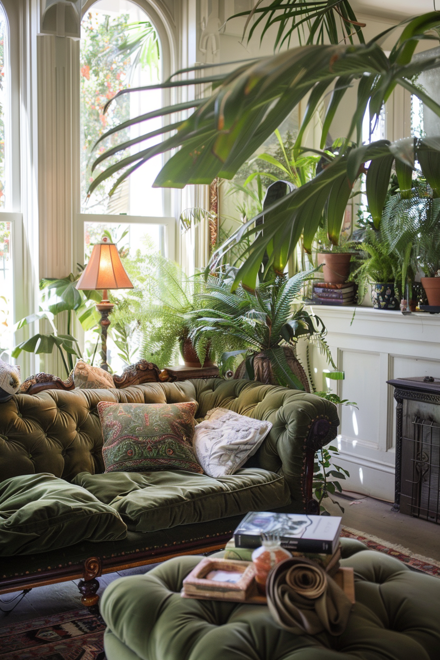 A cozy sunlit living room filled with lush green plants, a vintage chesterfield sofa, a lit table lamp, and books arranged on an ottoman.