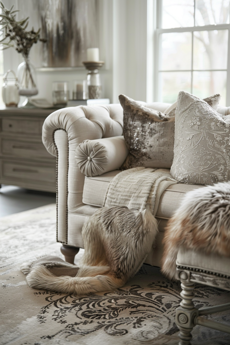 Elegant living room corner with a tufted cream sofa, decorative pillows, a plush throw, and a classic-style wooden dresser.