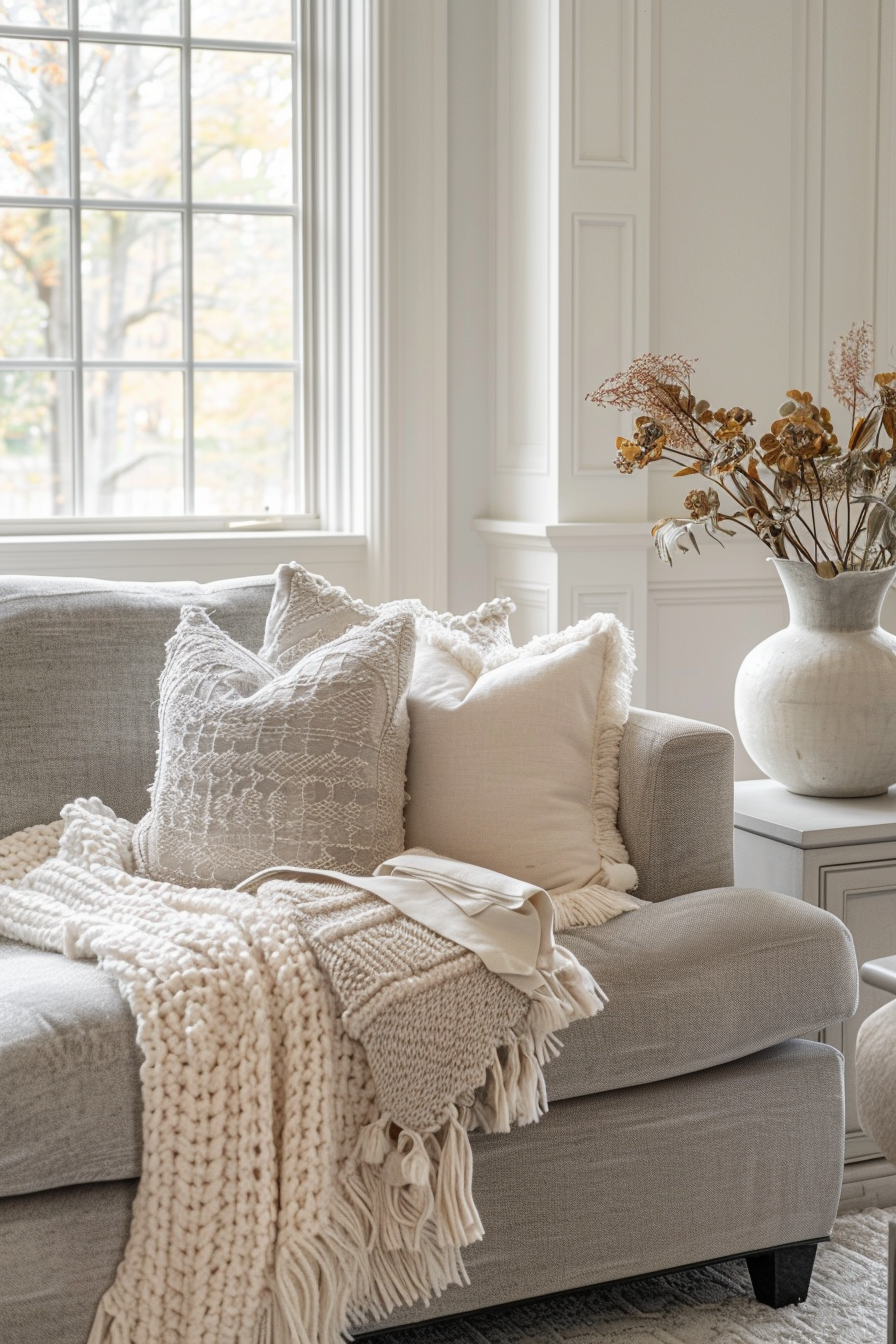 A cozy living room corner with a grey couch adorned with cushions and a knitted throw blanket, beside a vase of dried flowers.