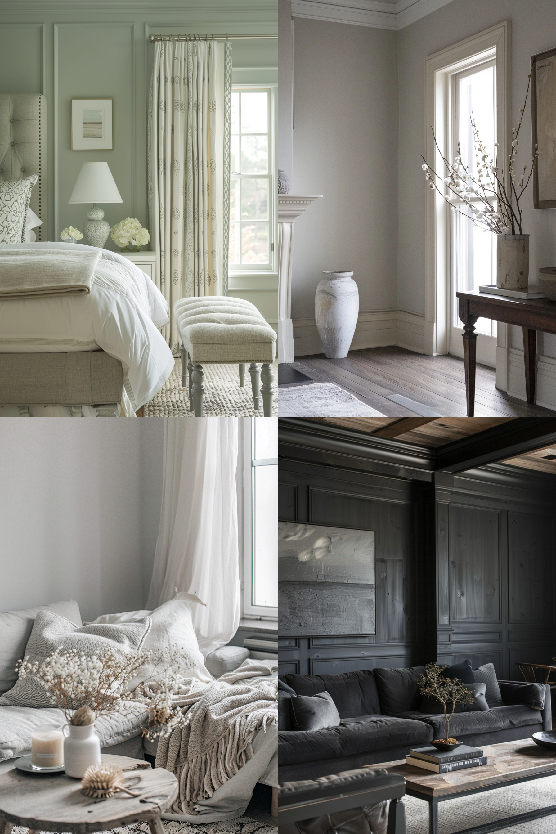 A collage of four cozy home interiors including a bedroom, a living room, and seating areas with neutral color palettes.