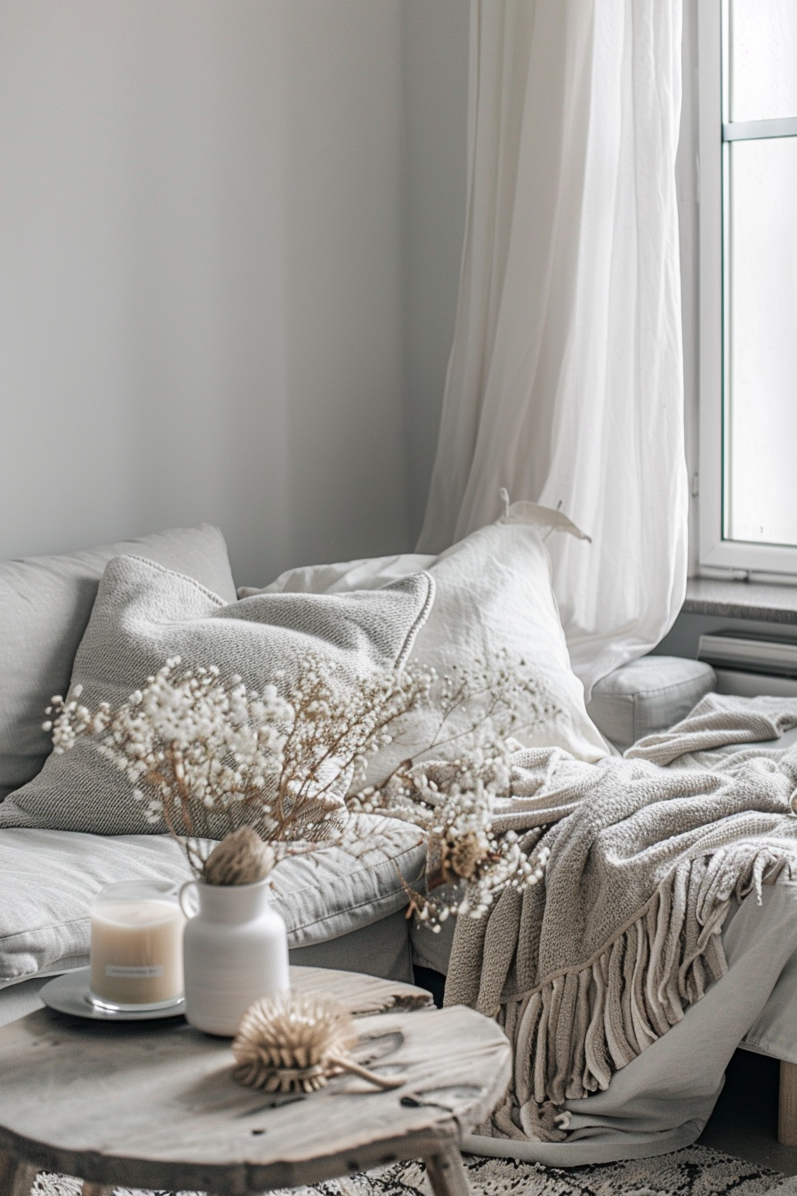 Cozy interior with a plush sofa, soft throws, cushions, a rustic wooden table, dried flowers, and a candle by a window with sheer curtains.