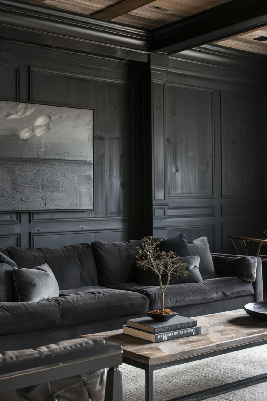 A cozy dark-toned living room with a large gray sofa, wood-paneled walls, a textured painting, and a small potted plant on a coffee table.