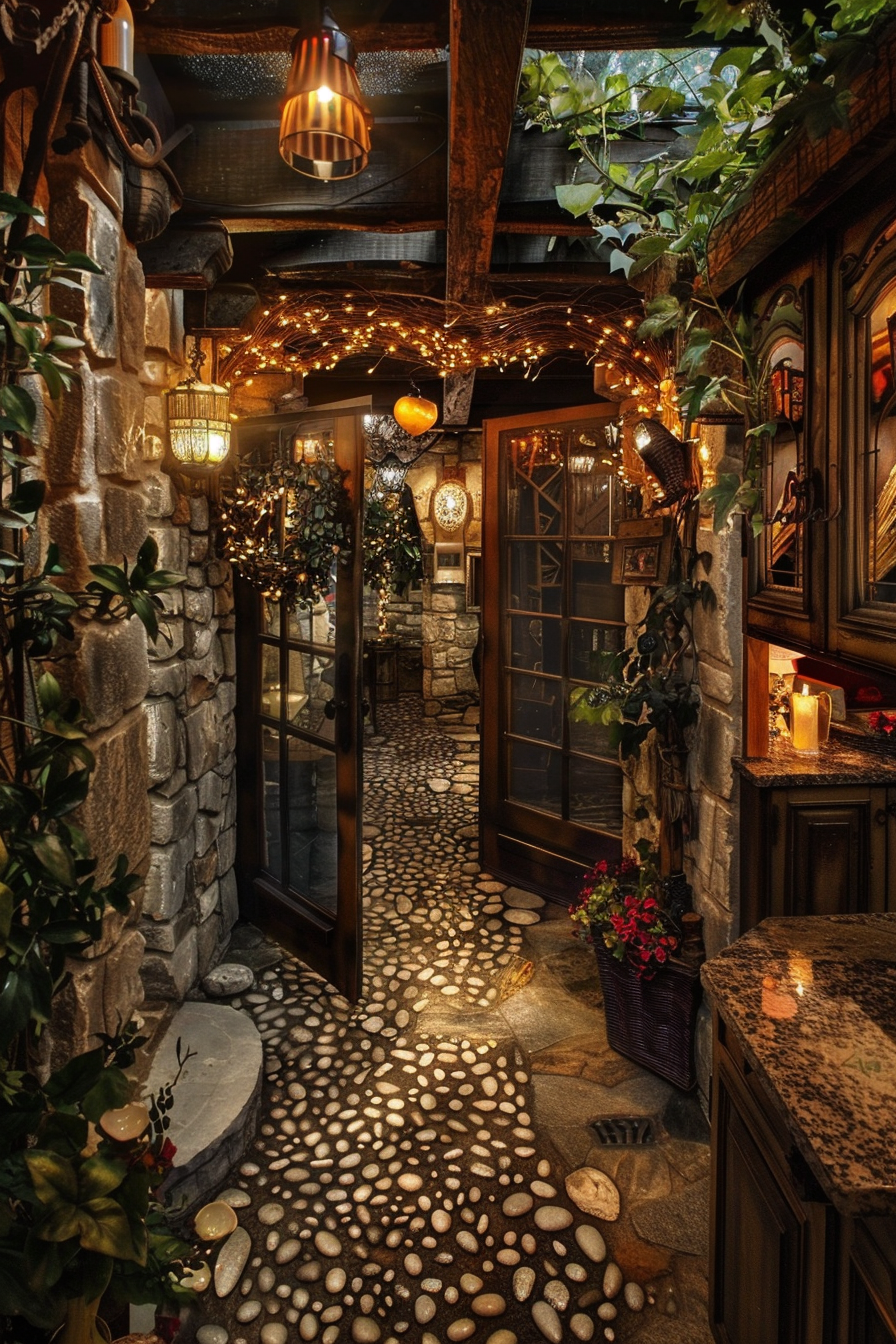 A cozy, rustic interior with stone walls, pebble floor, warm lighting, and lush green plants.