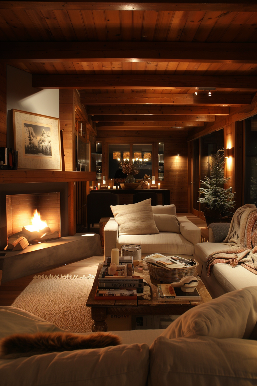 Cozy wooden cabin interior with a lit fireplace, comfortable sofas, warm lighting, and holiday decorations.