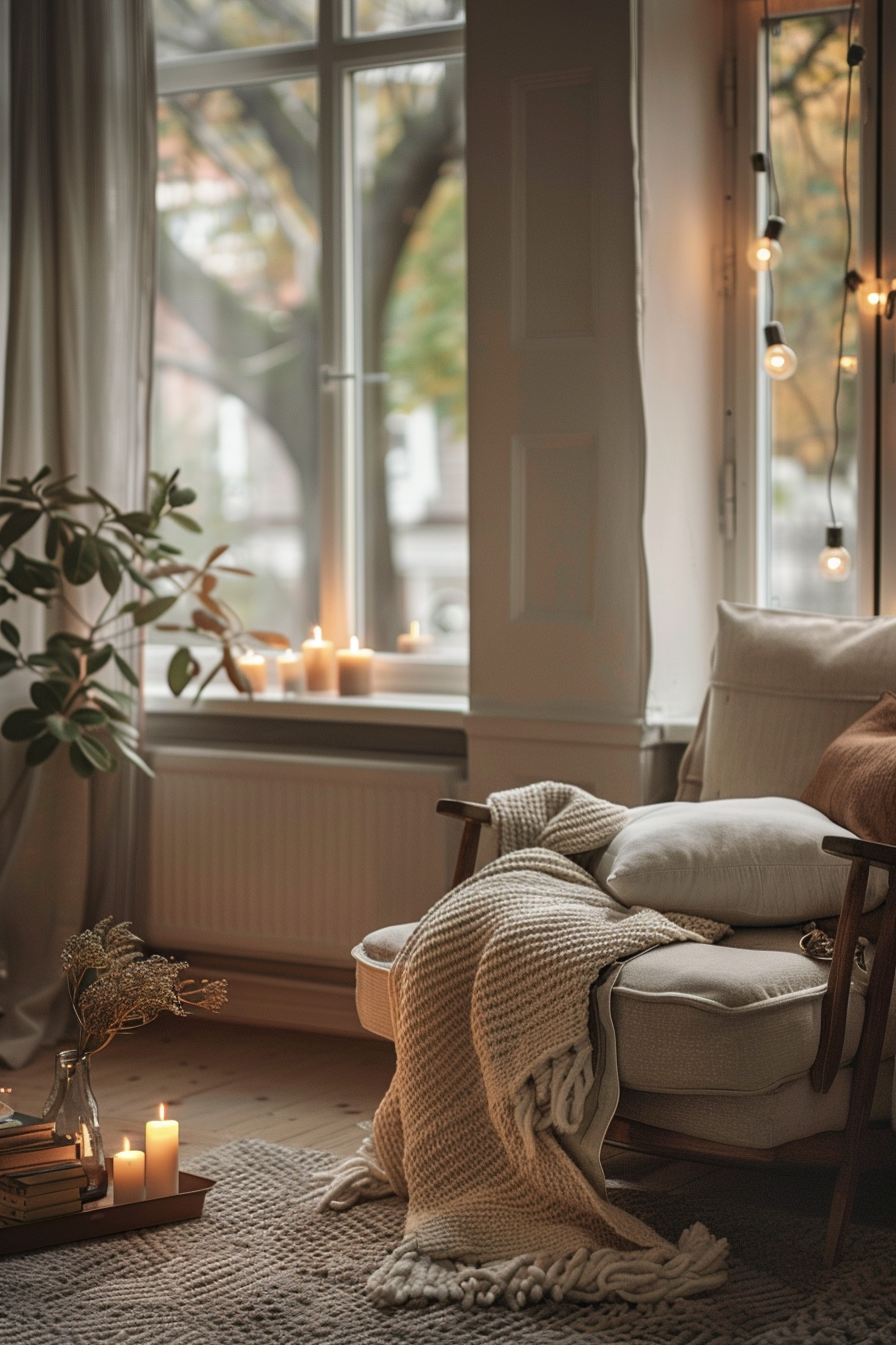 Cozy room corner with an armchair, knitted blanket, lit candles on window sill, and hanging lights, suggesting a peaceful ambiance.