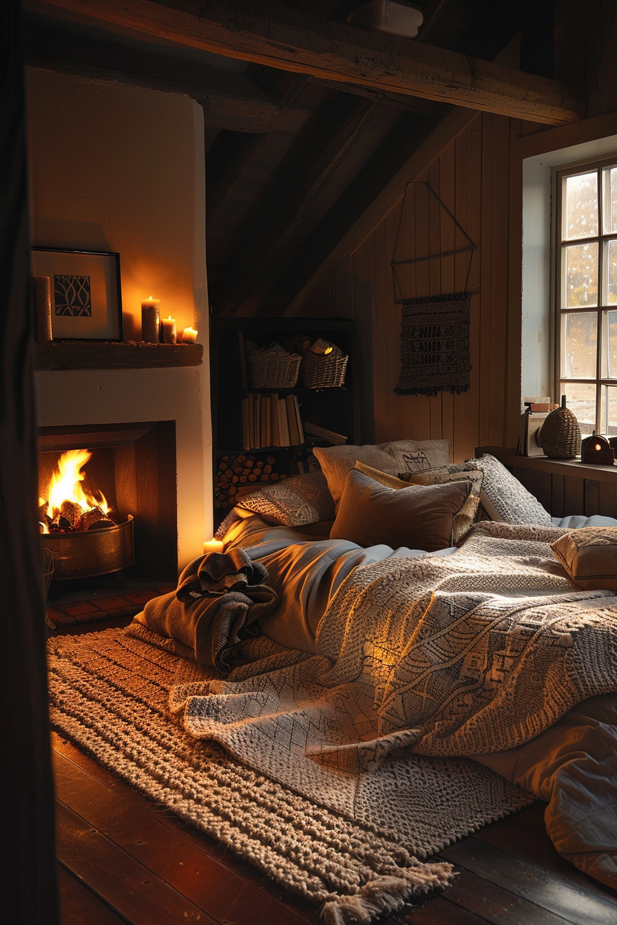Cozy interior with a lit fireplace, candles, a comfortable bed with blankets, and warm lighting in a rustic wooden room.