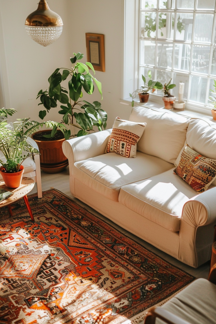 Cozy living room corner with a white sofa, patterned cushions, plants, and a warm-toned oriental rug lit by sunlight through a window.