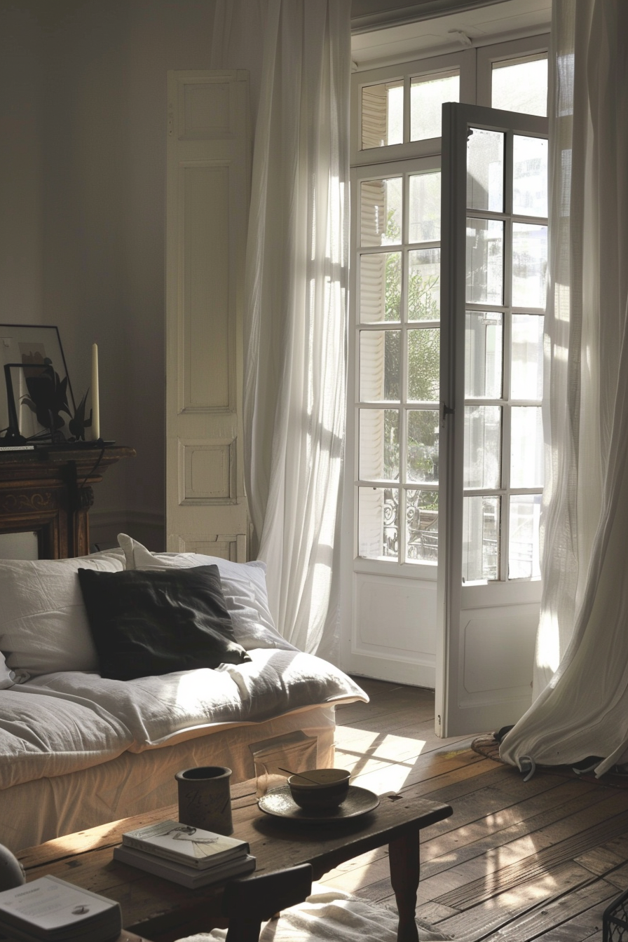 ALT text: Cozy room with sunlight filtering through sheer curtains onto a daybed, an open French window, and a wooden coffee table with books.