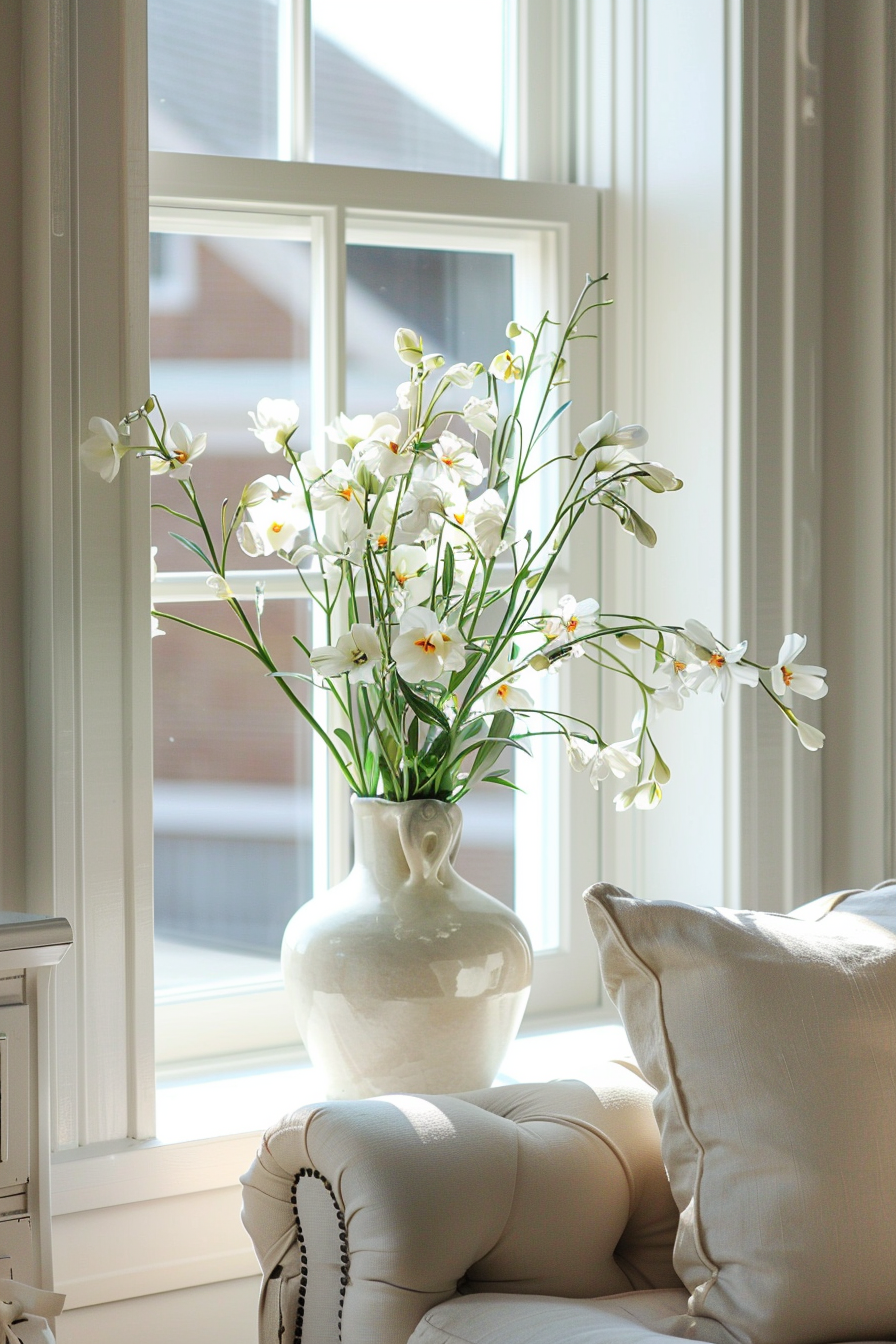 A large vase with white flowers on a windowsill bathed in natural light, alongside an elegant sofa with cushions.