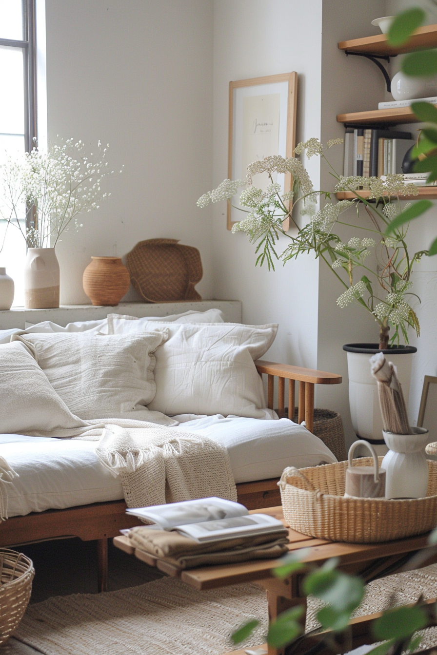 Cozy bedroom interior with a white bed, wooden furniture, wicker decorations, and fresh flowers by the window.