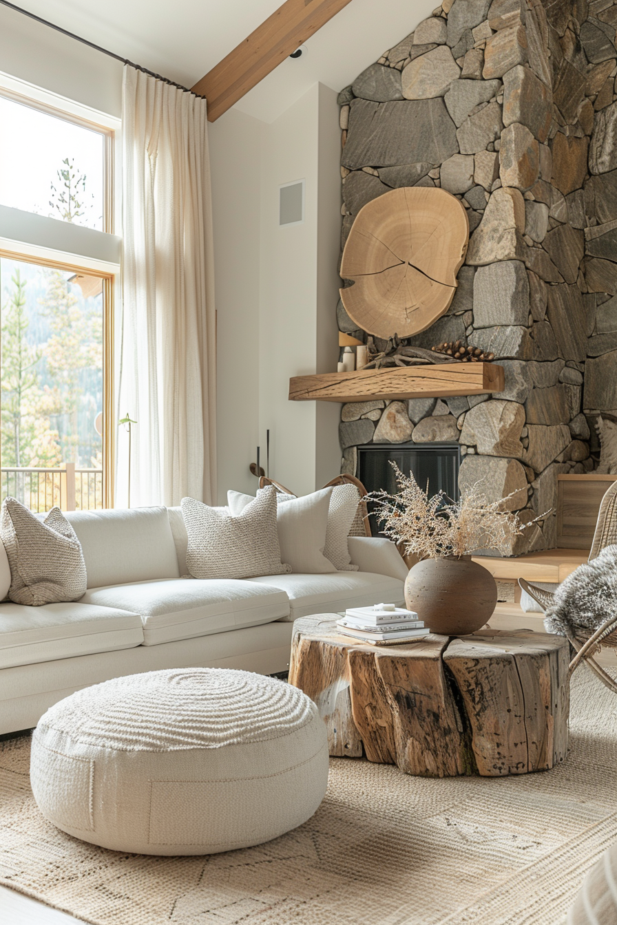 Cozy living room with a stone fireplace, sectional sofa, wooden accents, and a view of the outdoors through a large window.