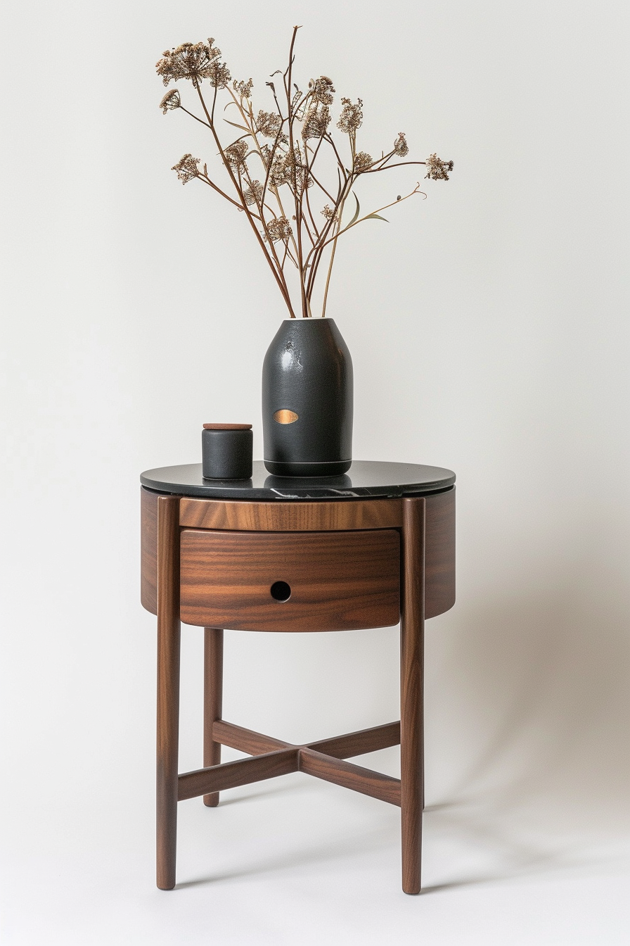 A round wooden side table with a drawer, holding a black vase with dried flowers and a small matching pot, against a white backdrop.