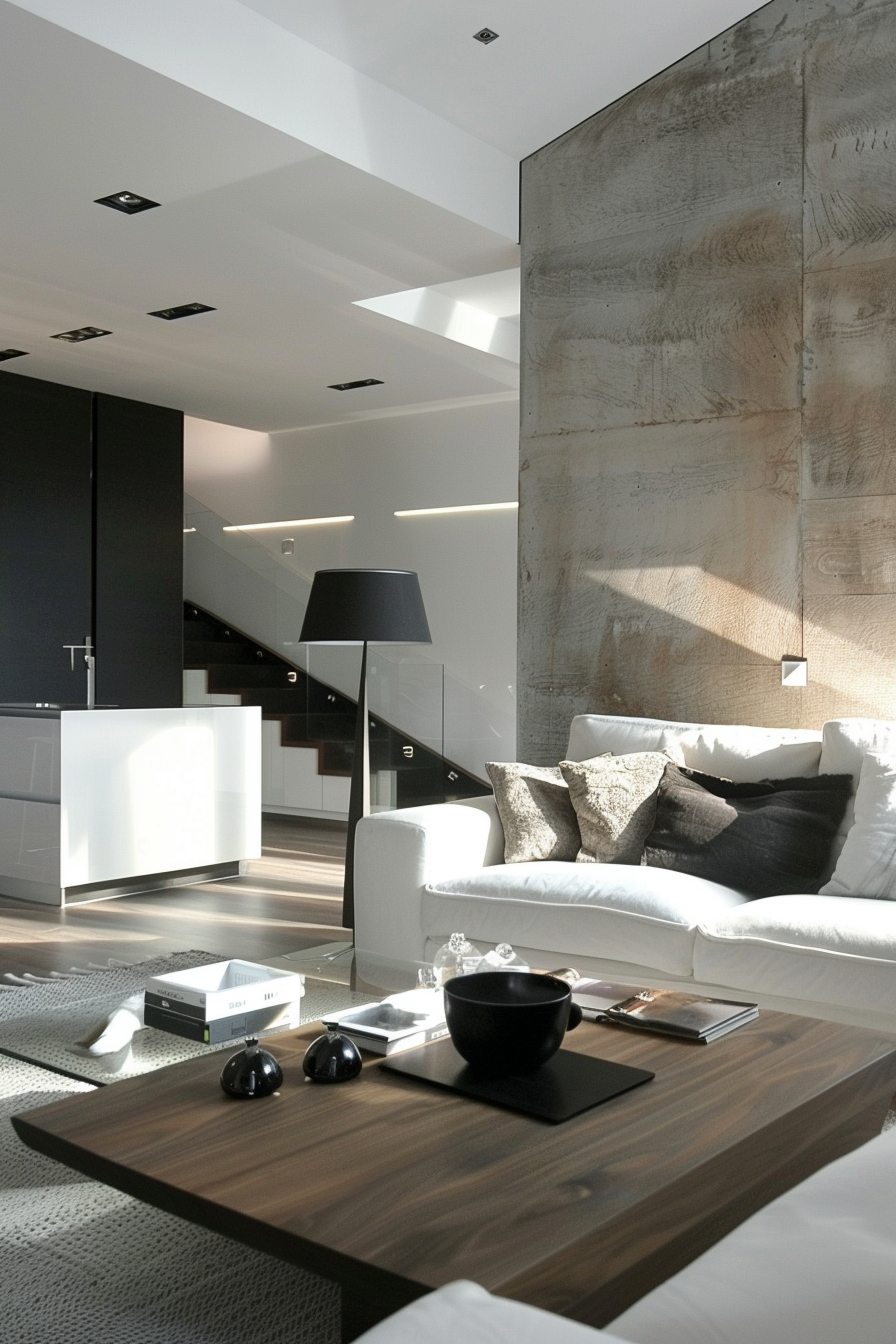 Modern living room with white couch, black floor lamp, concrete wall, and staircase in the background.